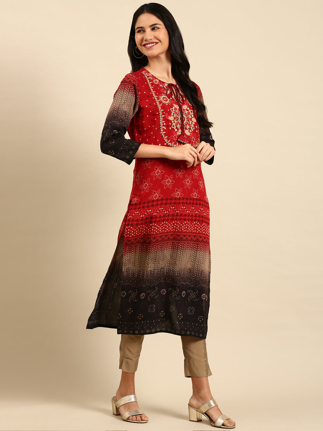 Women's Red Printed Straight Kurta