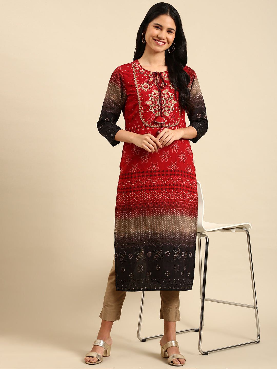 Women's Red Printed Straight Kurta