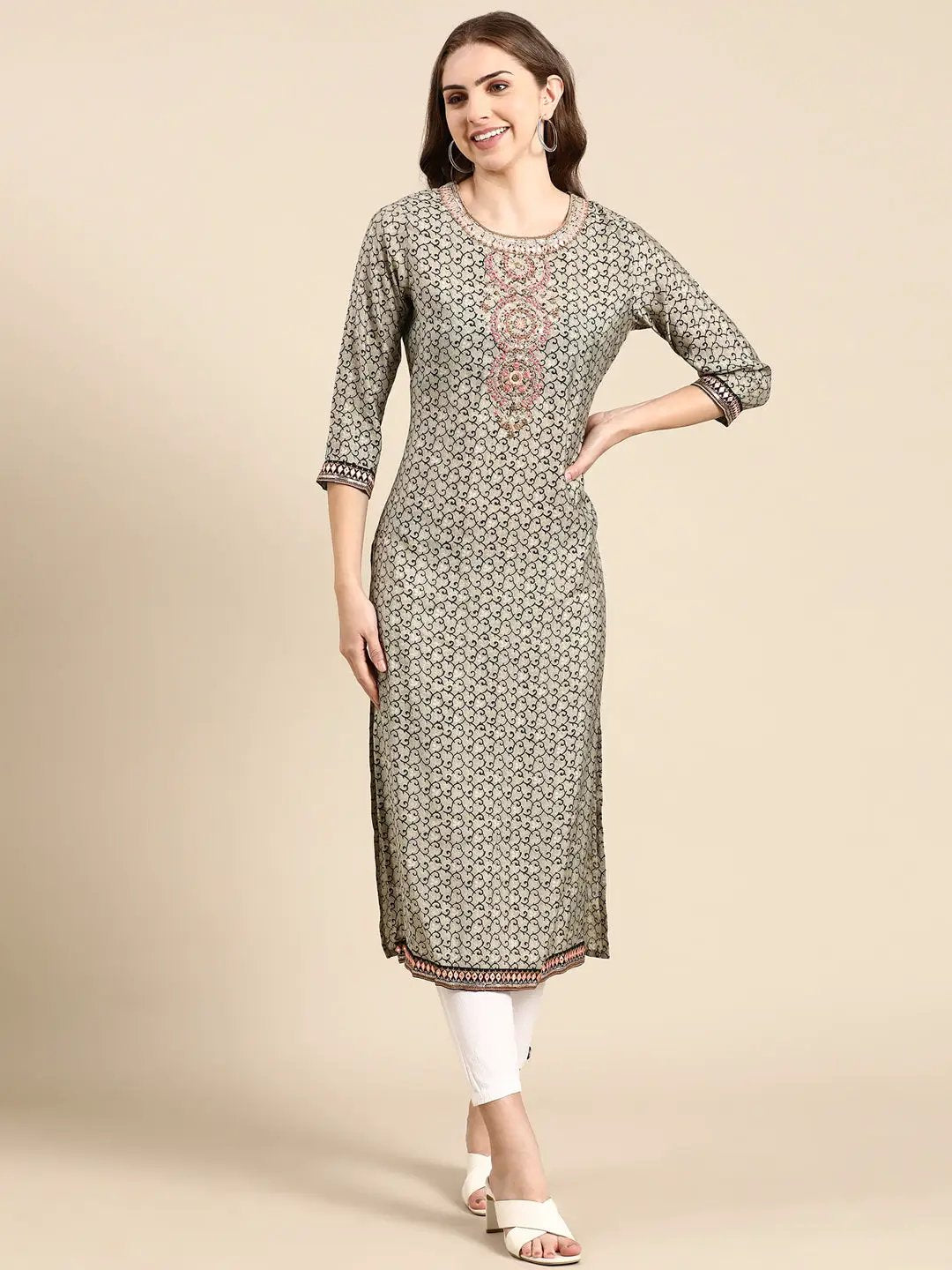 Women's Taupe Embellished Straight Kurta