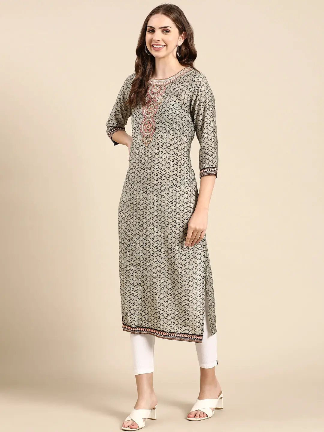 Women's Taupe Embellished Straight Kurta