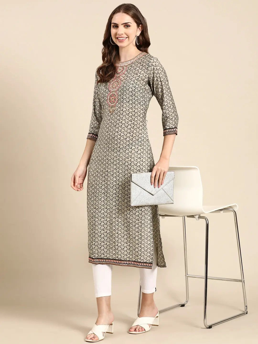 Women's Taupe Embellished Straight Kurta