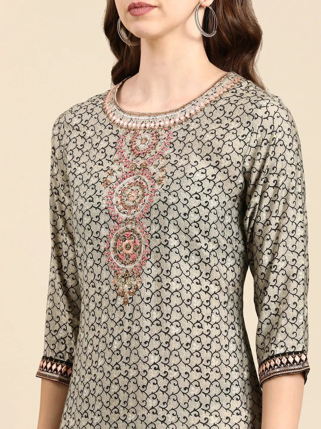 Women's Taupe Embellished Straight Kurta