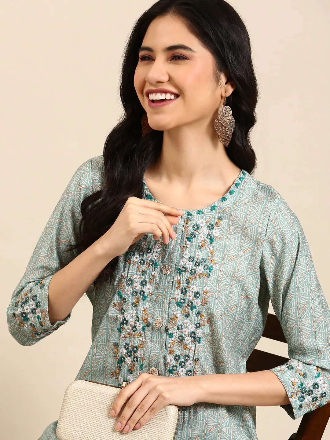 Women's Teal Printed Straight Kurta