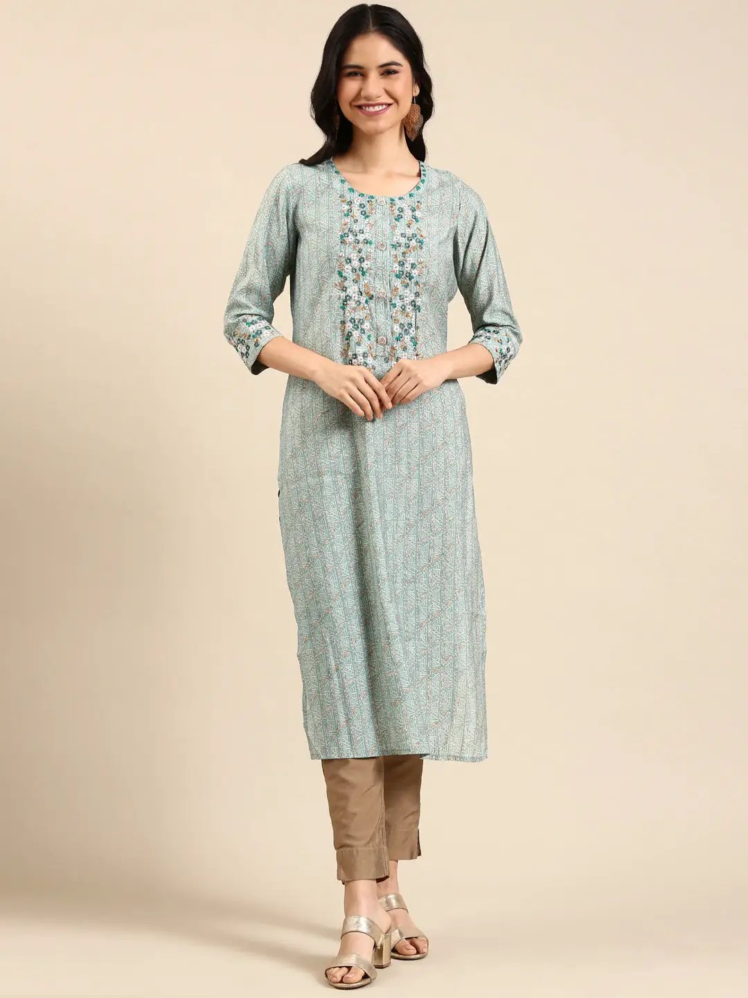 Women's Teal Printed Straight Kurta