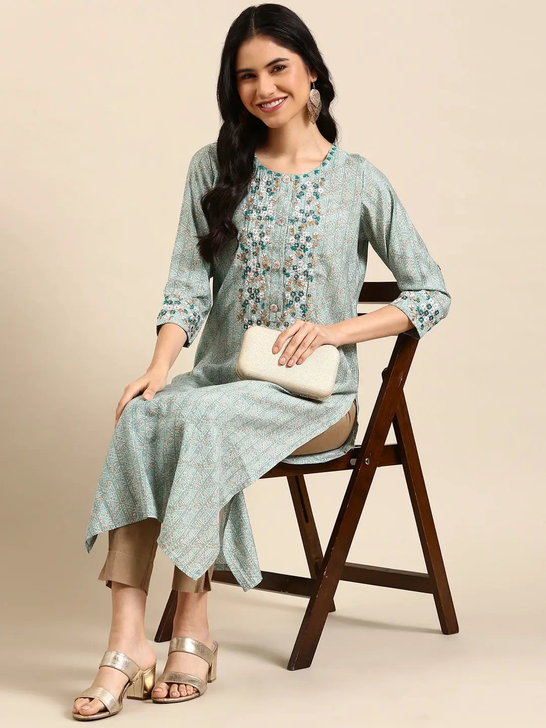 Women's Teal Printed Straight Kurta
