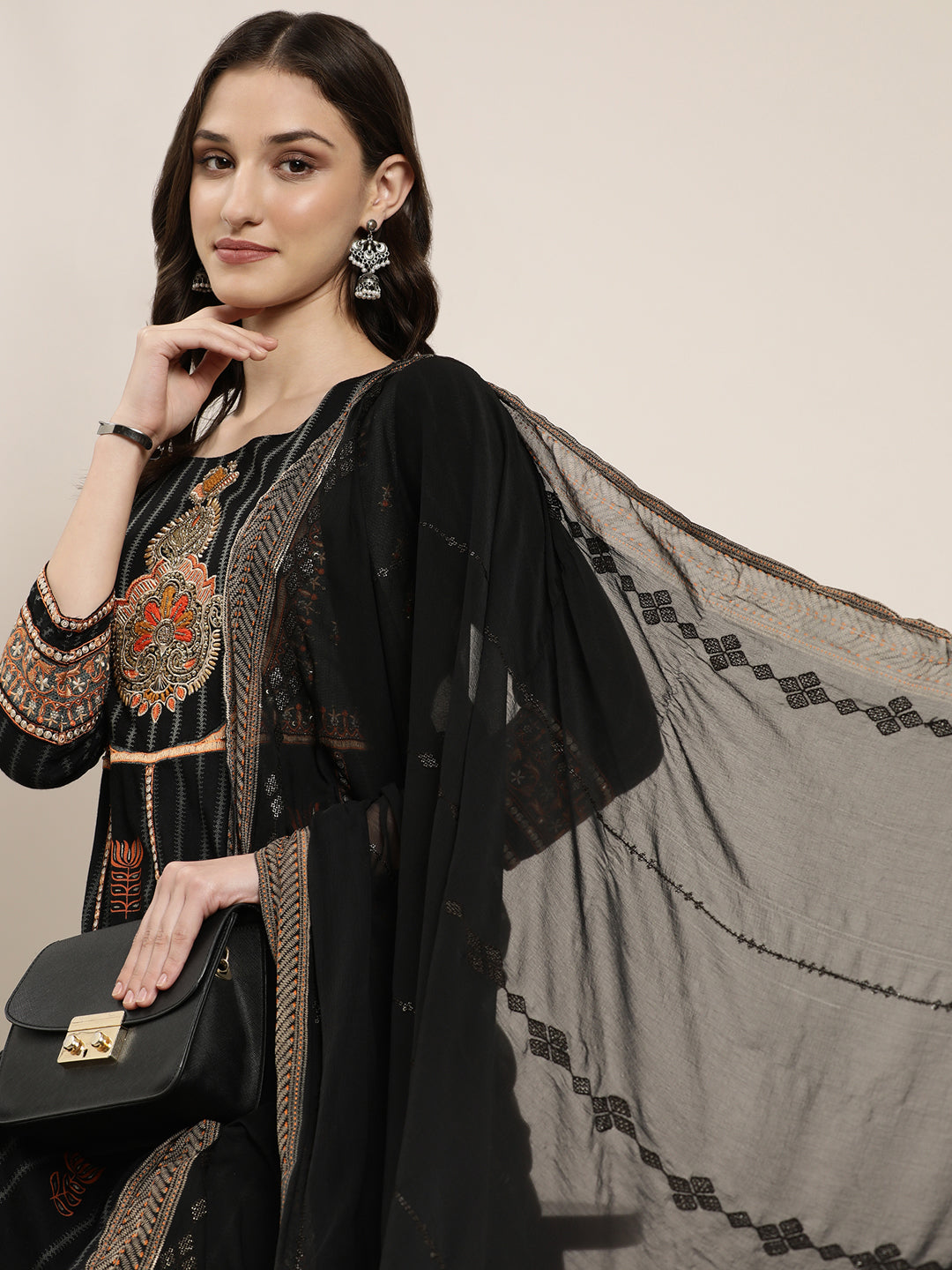 Women Black Striped Kurta Set