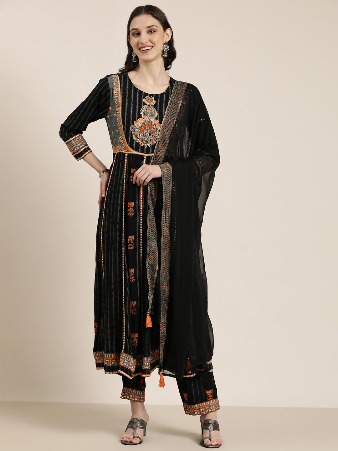 Women Black Striped Kurta Set