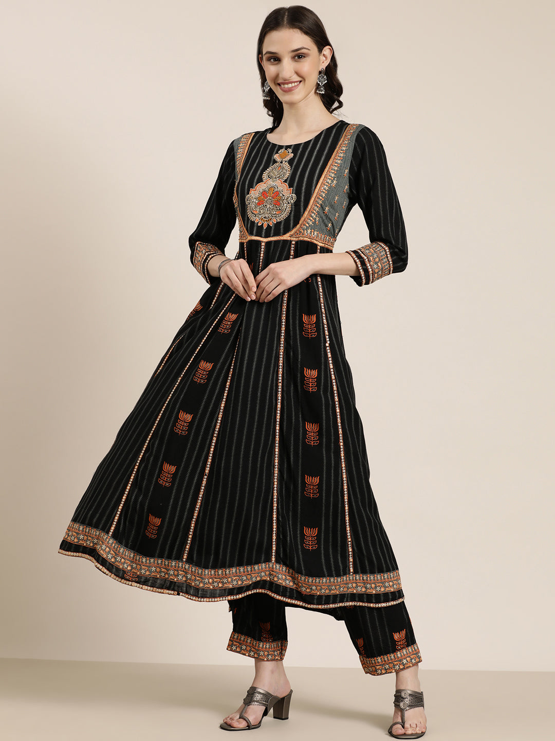 Women Black Striped Kurta Set