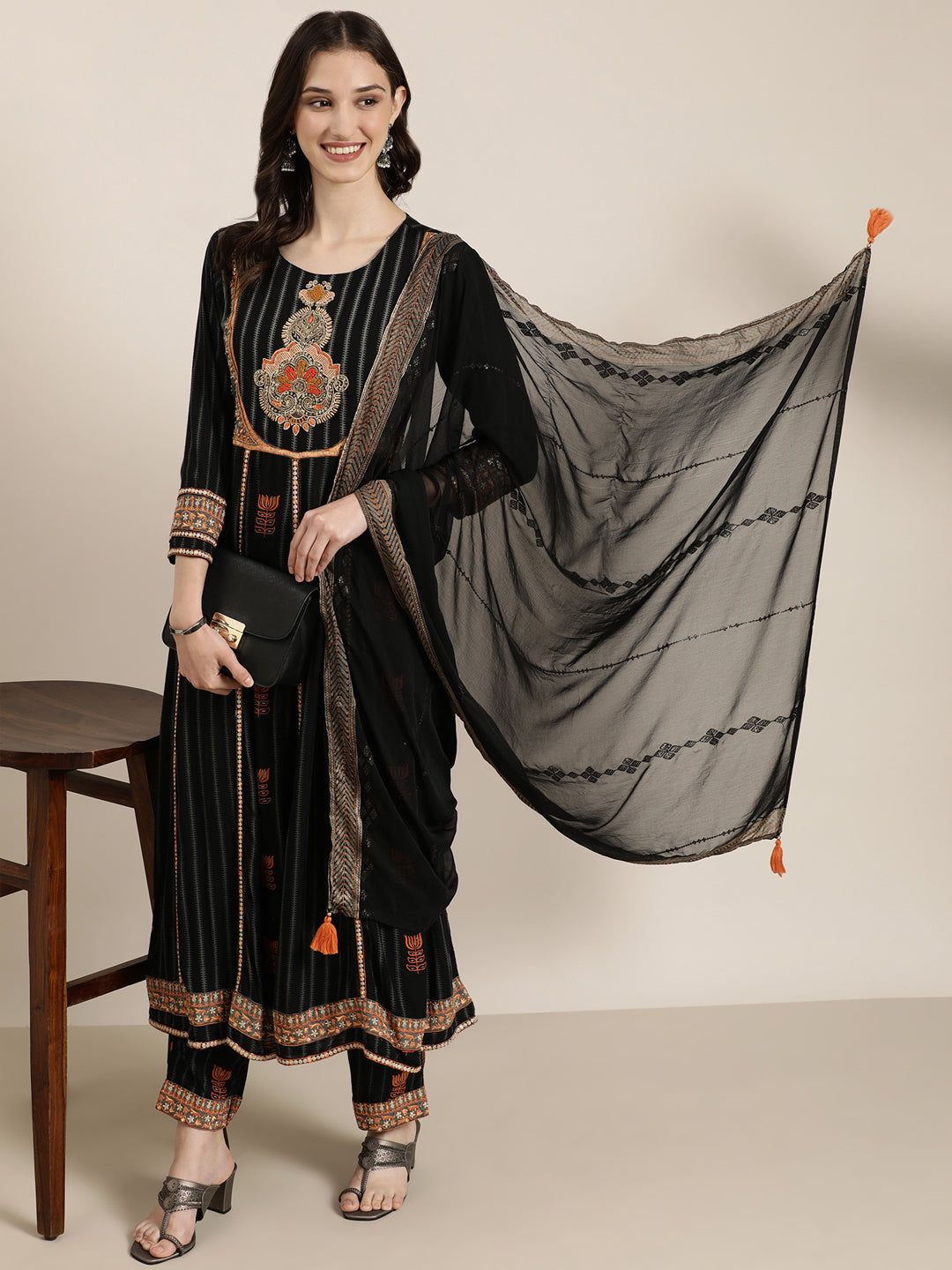 Women Black Striped Kurta Set