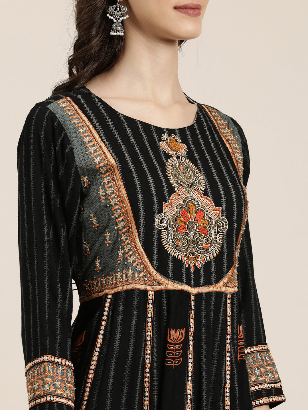 Women Black Striped Kurta Set