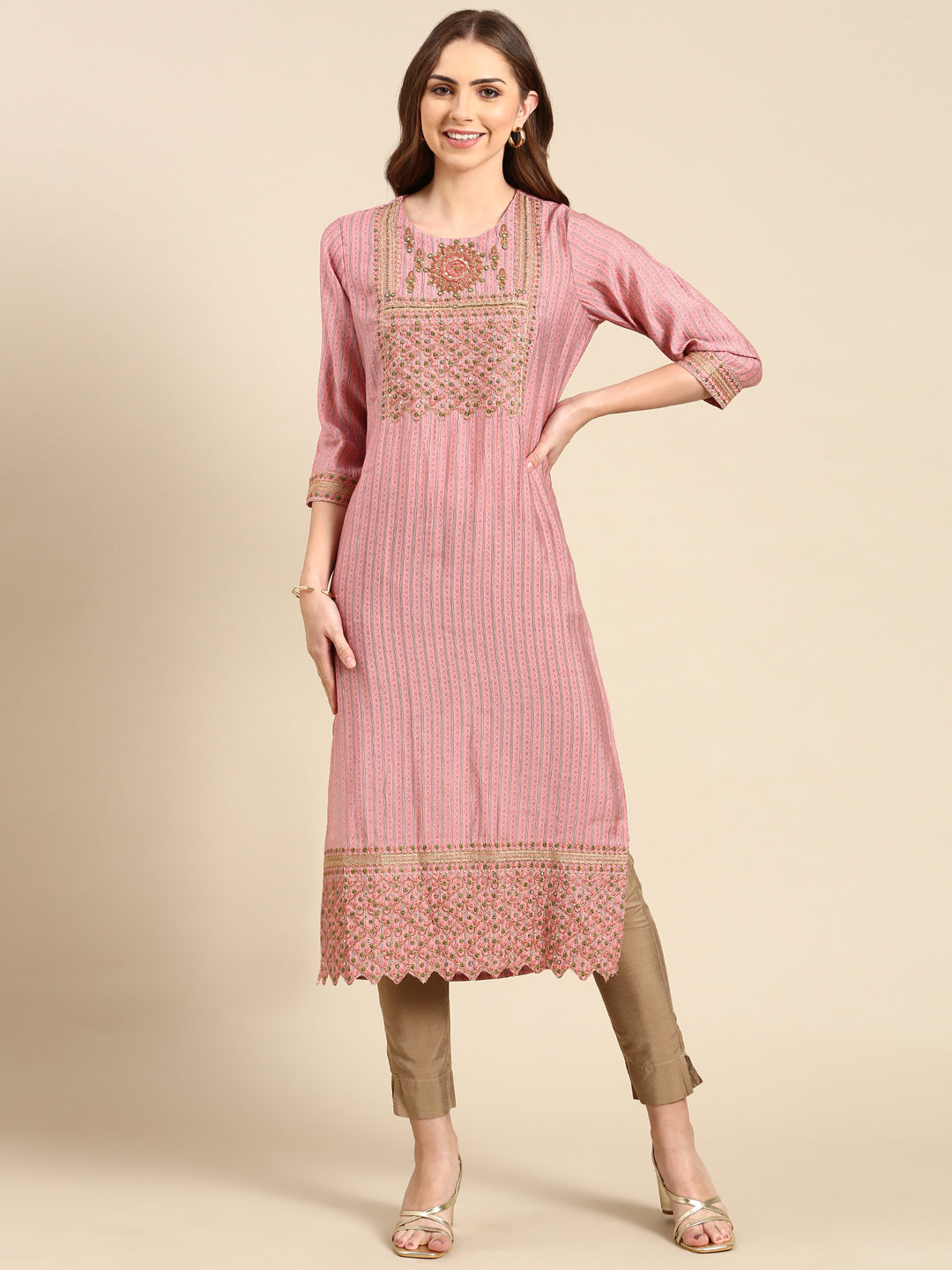 Women's Pink Embroidered Straight Kurta