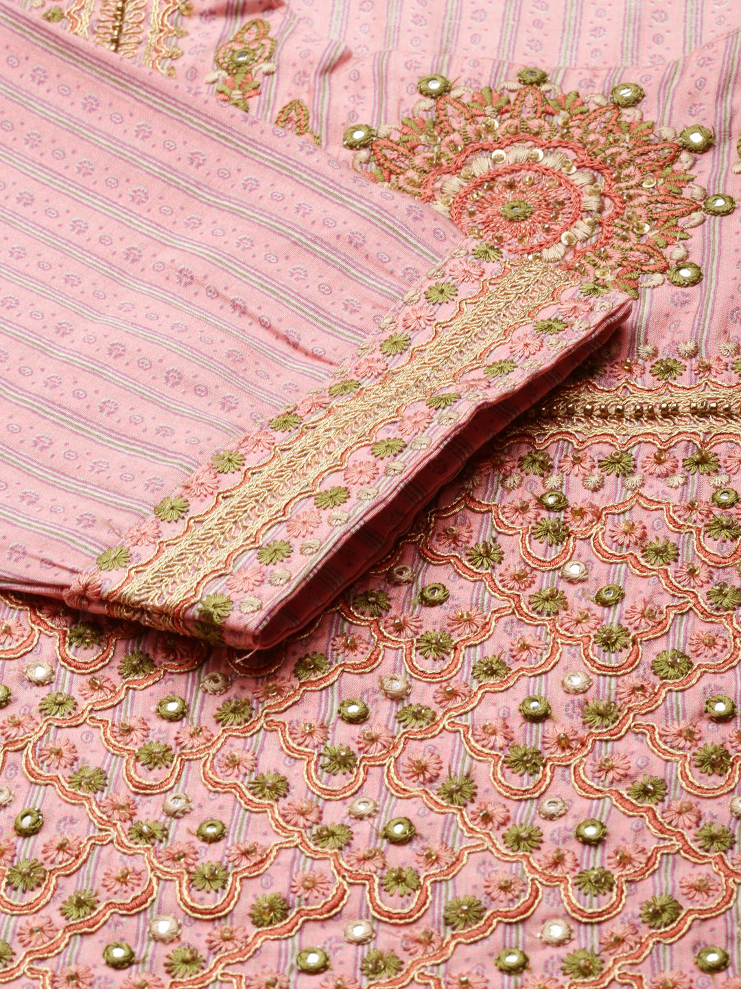 Women's Pink Striped Thread Work Straight Kurta
