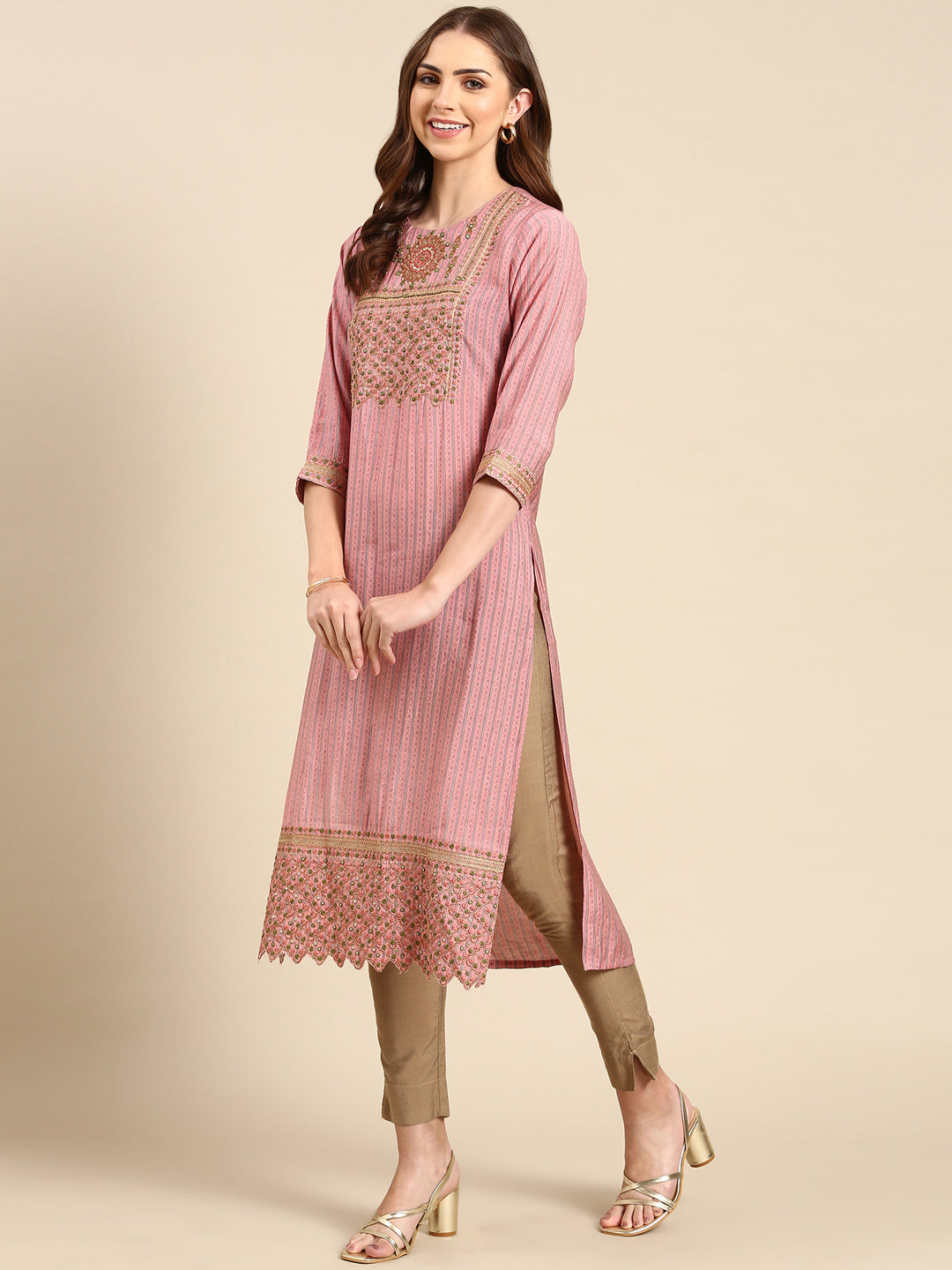 Women's Pink Striped Thread Work Straight Kurta