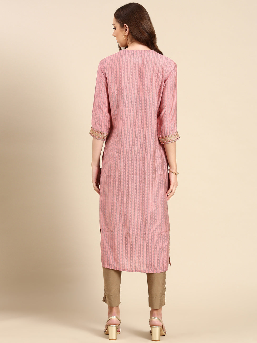 Women's Pink Striped Thread Work Straight Kurta