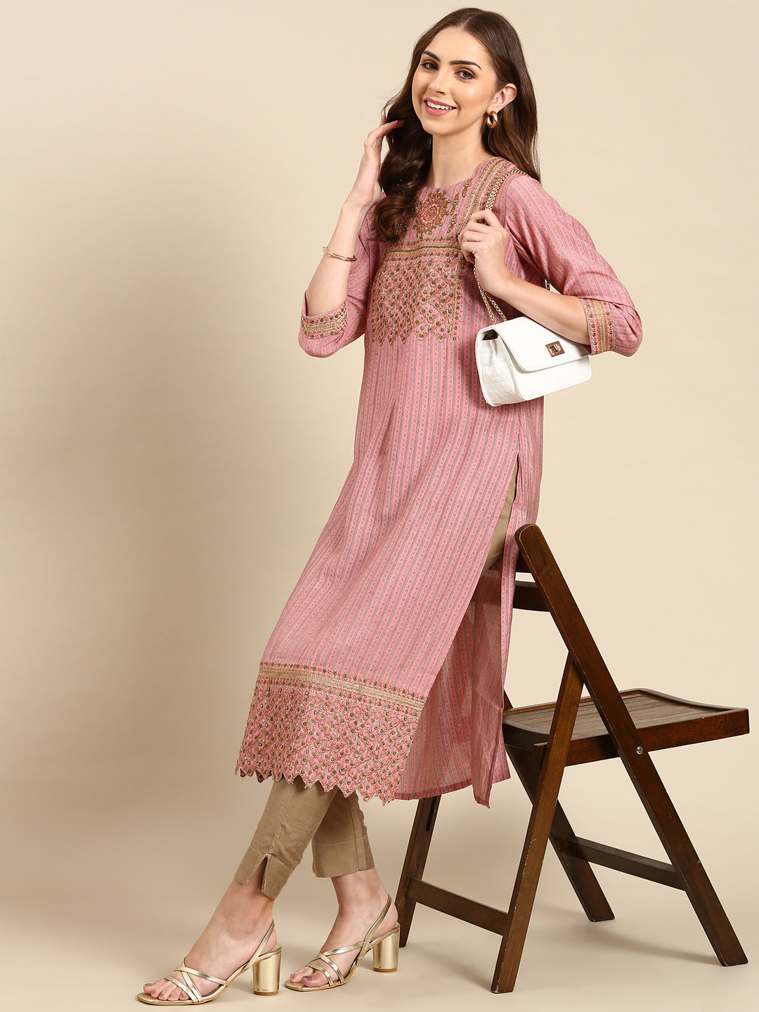Women's Pink Striped Thread Work Straight Kurta