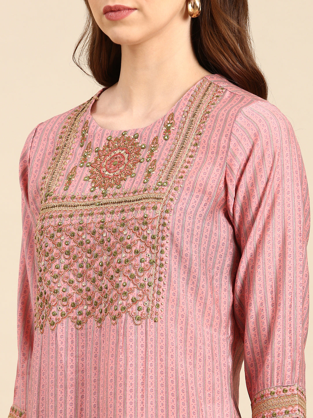 Women's Pink Striped Thread Work Straight Kurta