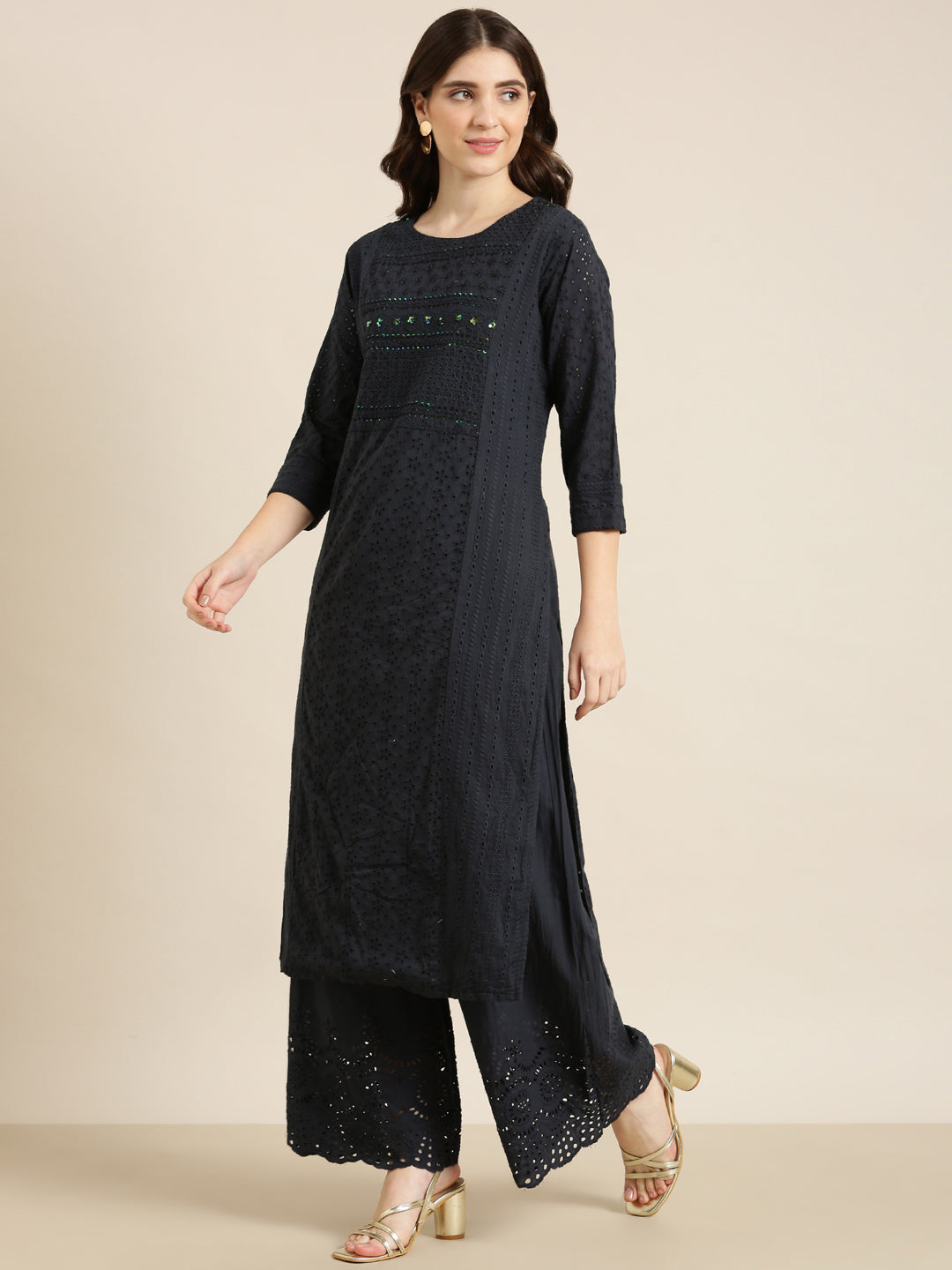 Women Navy Blue Floral Kurta Set