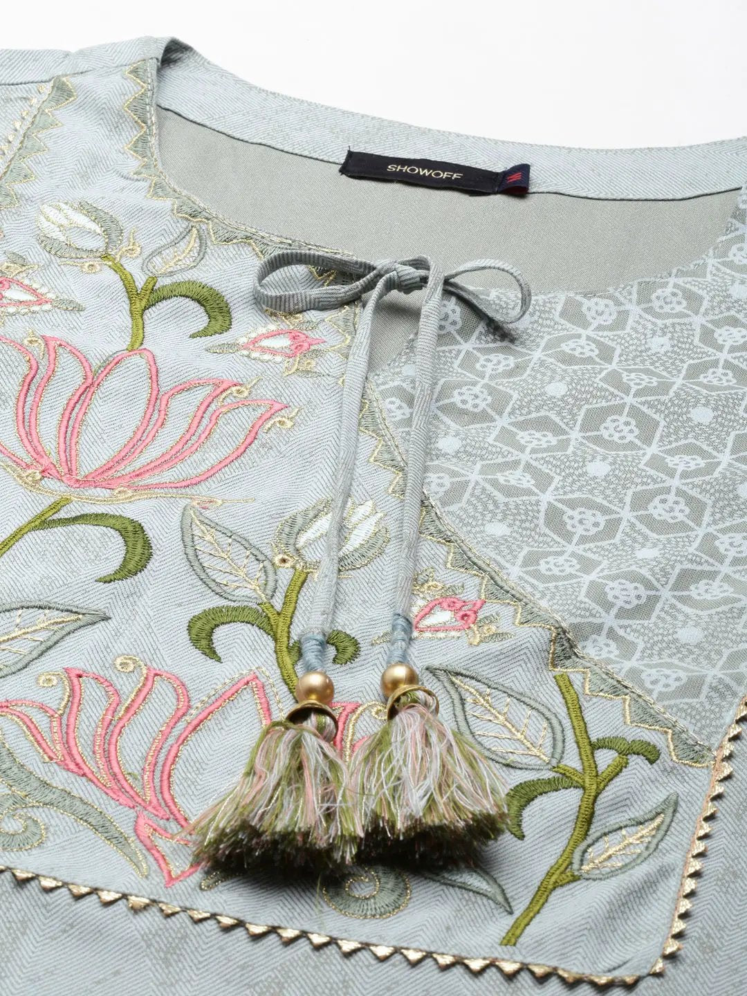 Women's Grey Floral Embroidered Cotton Kurta Set With Dupatta
