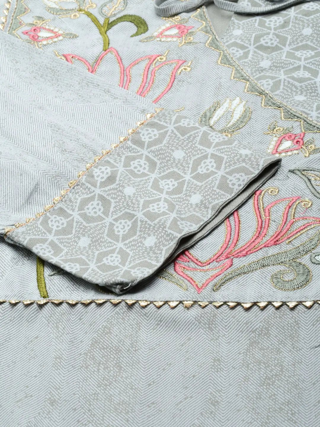Women's Grey Floral Embroidered Cotton Kurta Set With Dupatta