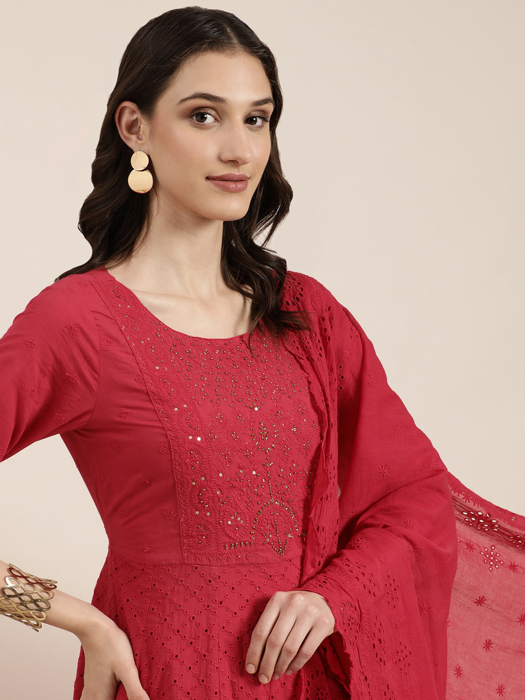 Women's Fuchsia Ethnic Motifs Anarkali Beads And Stones Kurta Set With Dupatta