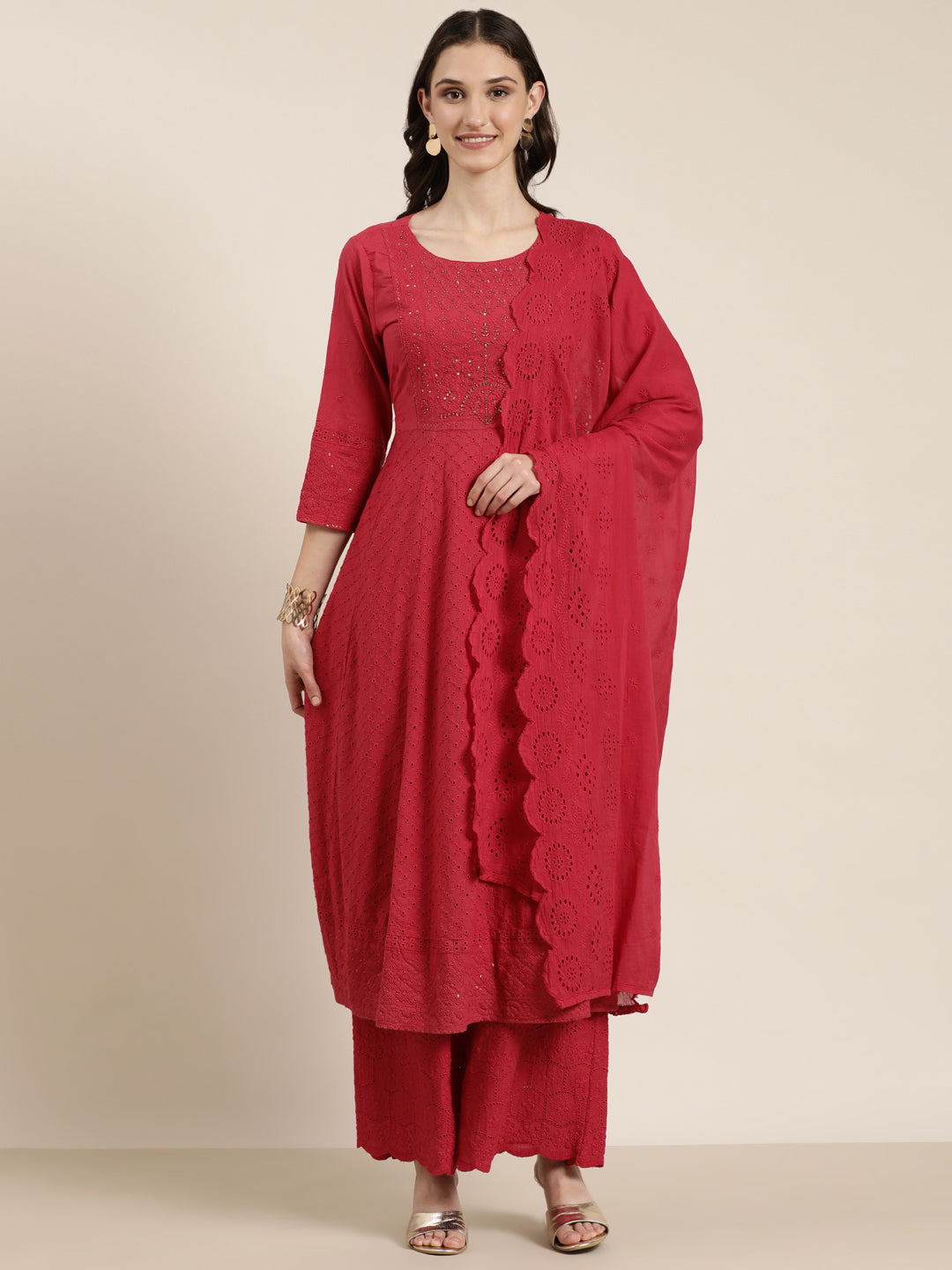 Women's Fuchsia Ethnic Motifs Anarkali Beads And Stones Kurta Set With Dupatta