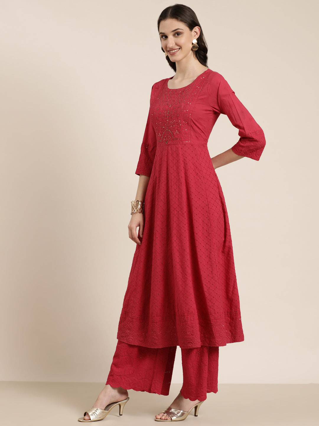 Women's Fuchsia Ethnic Motifs Anarkali Beads And Stones Kurta Set With Dupatta