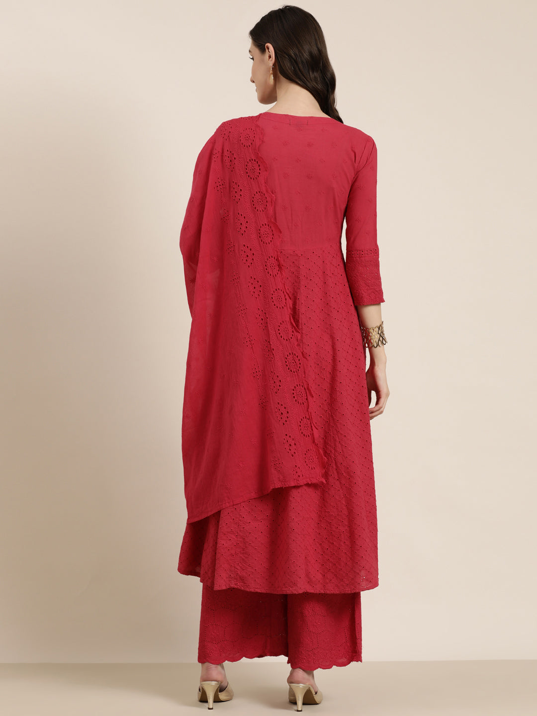 Women's Fuchsia Ethnic Motifs Anarkali Beads And Stones Kurta Set With Dupatta