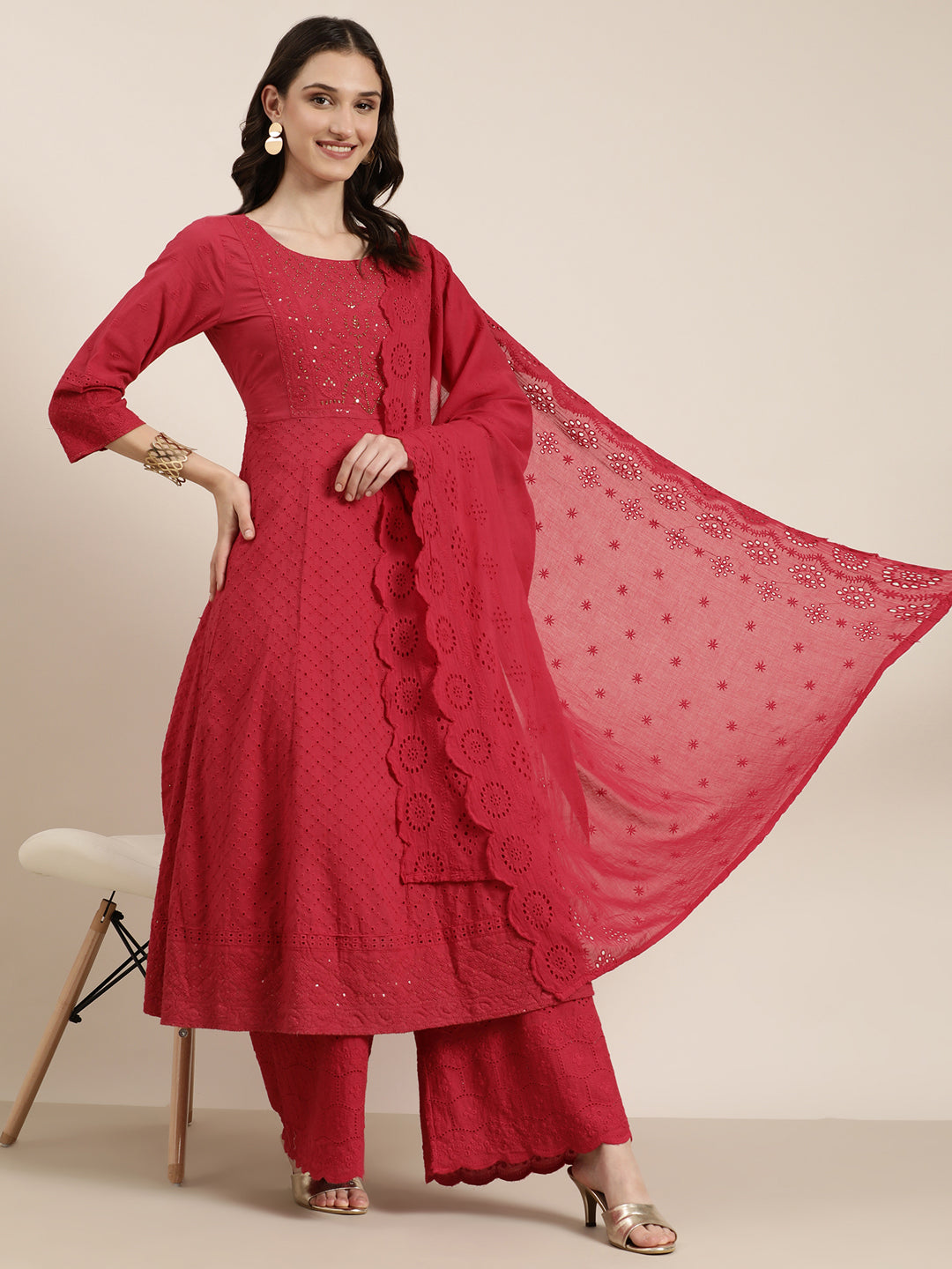 Women's Fuchsia Ethnic Motifs Anarkali Beads And Stones Kurta Set With Dupatta