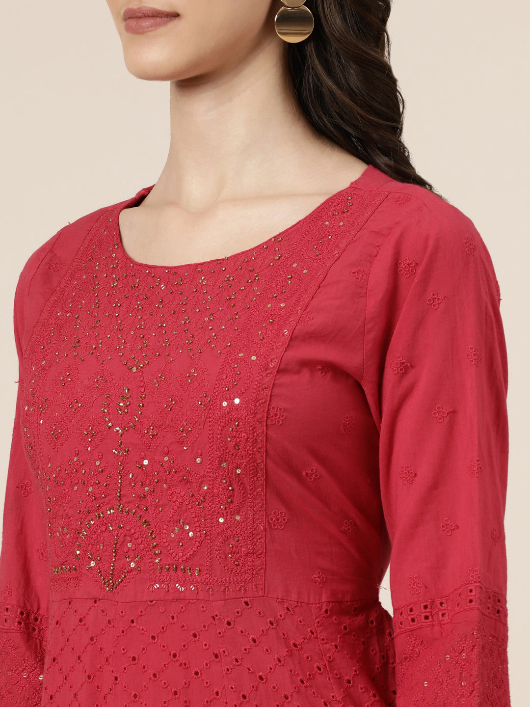 Women's Fuchsia Ethnic Motifs Anarkali Beads And Stones Kurta Set With Dupatta