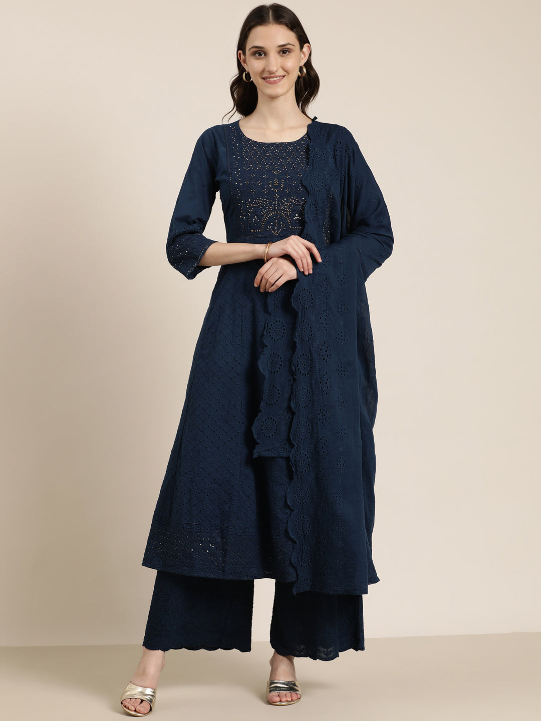 Women Navy Blue Solid Kurta Set