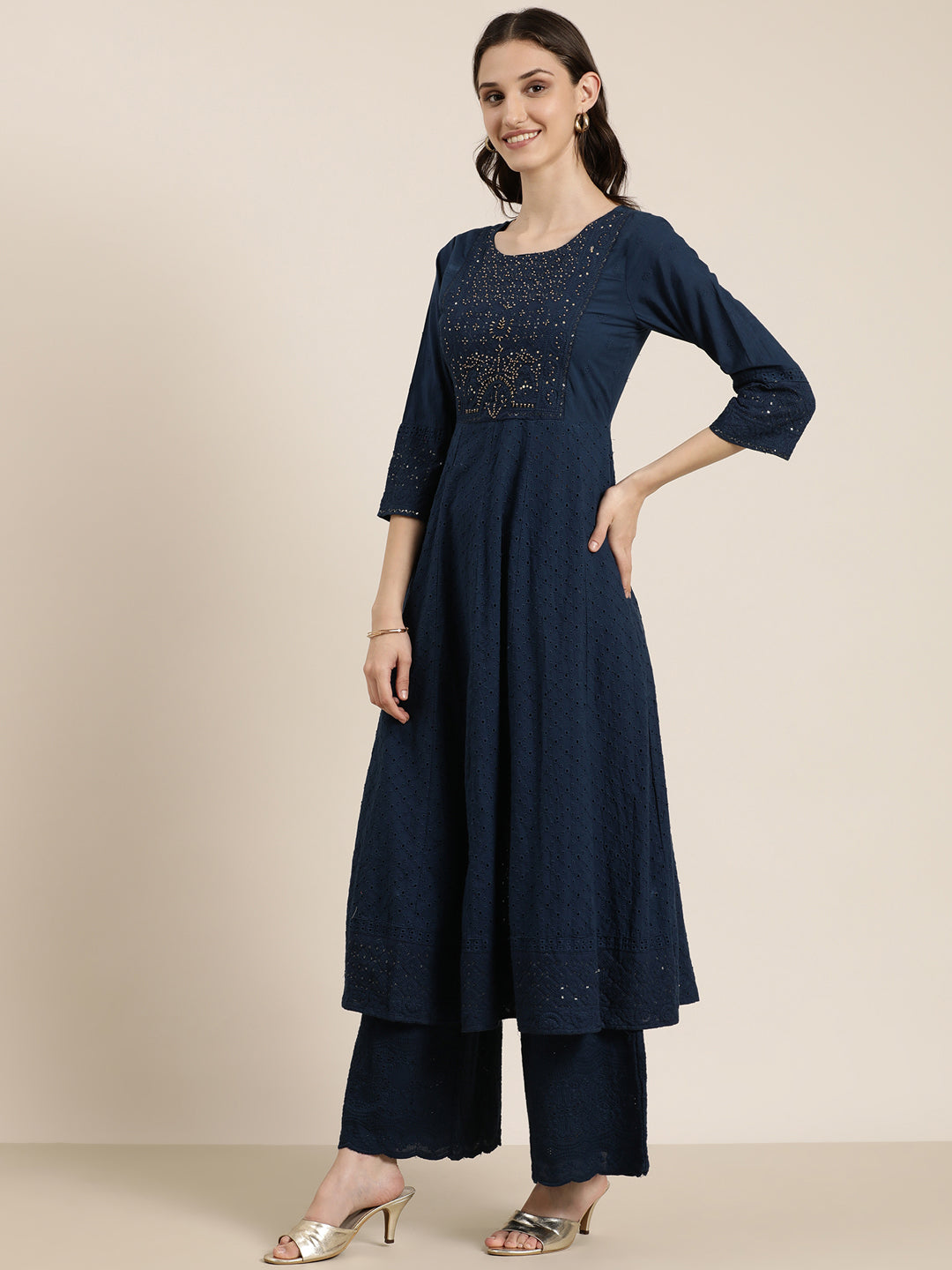 Women Navy Blue Solid Kurta Set