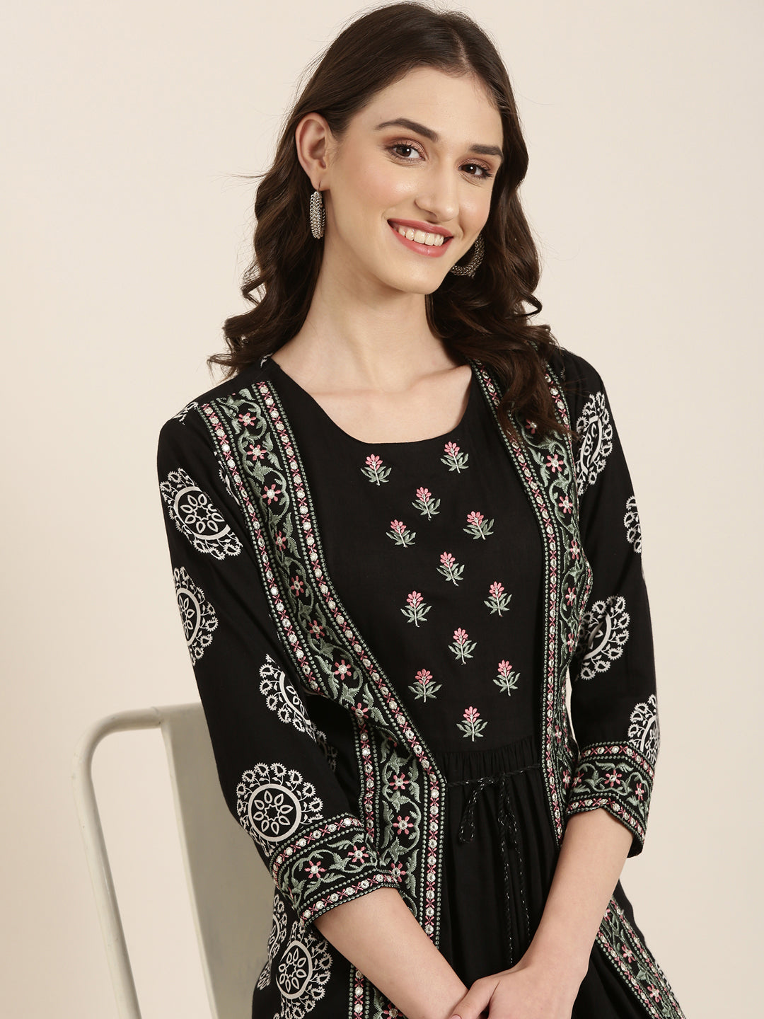 Women Black Embellished A-Line Kurta