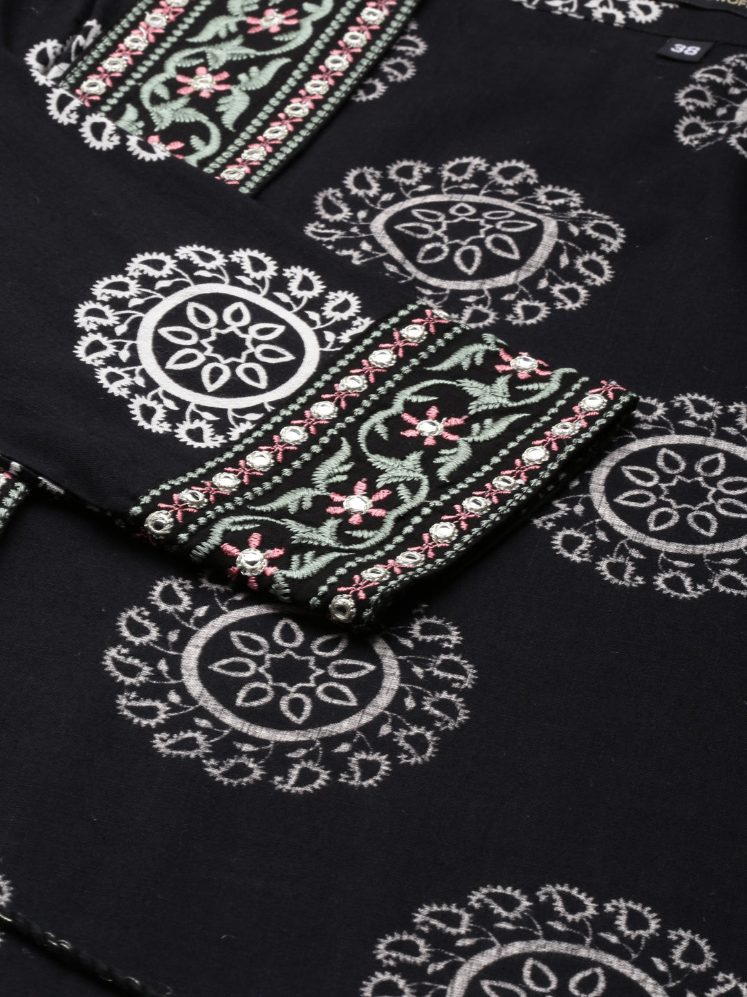 Women Black Embellished A-Line Kurta