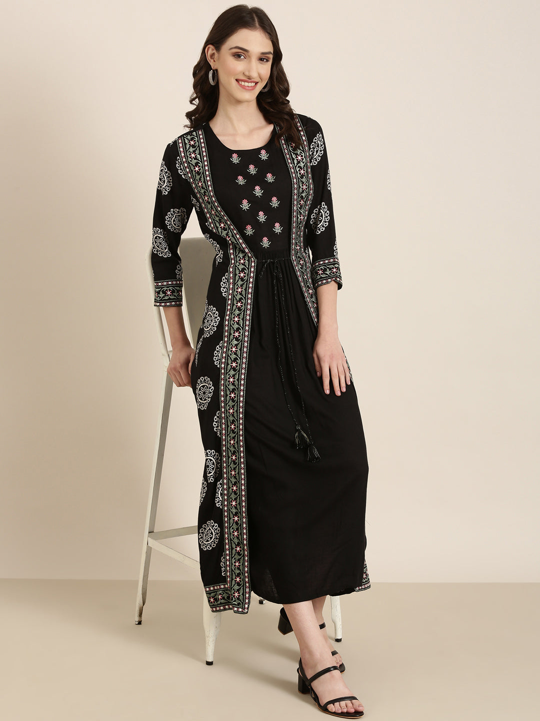 Women Black Embellished A-Line Kurta