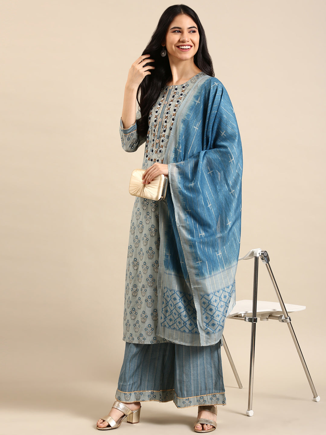 Women's Blue Floral Kurta Set