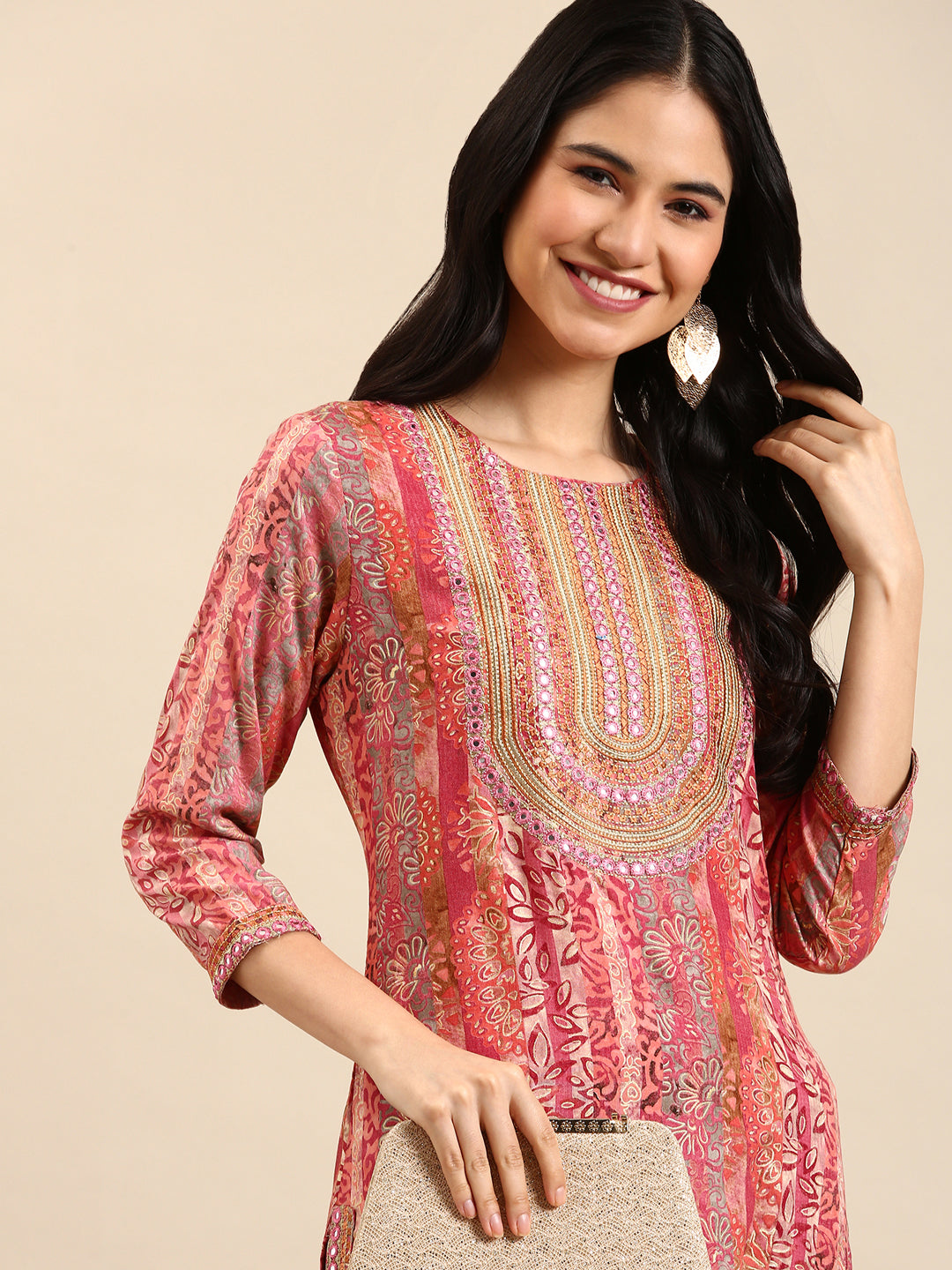 Women's Pink Printed Straight Kurta