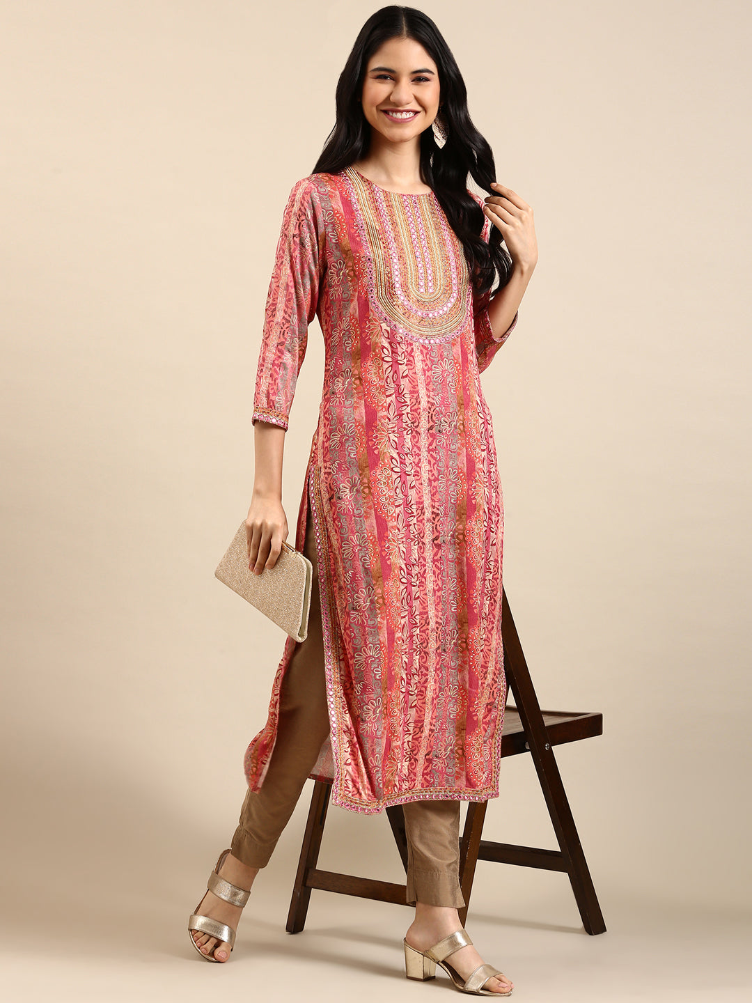 Women's Pink Printed Straight Kurta