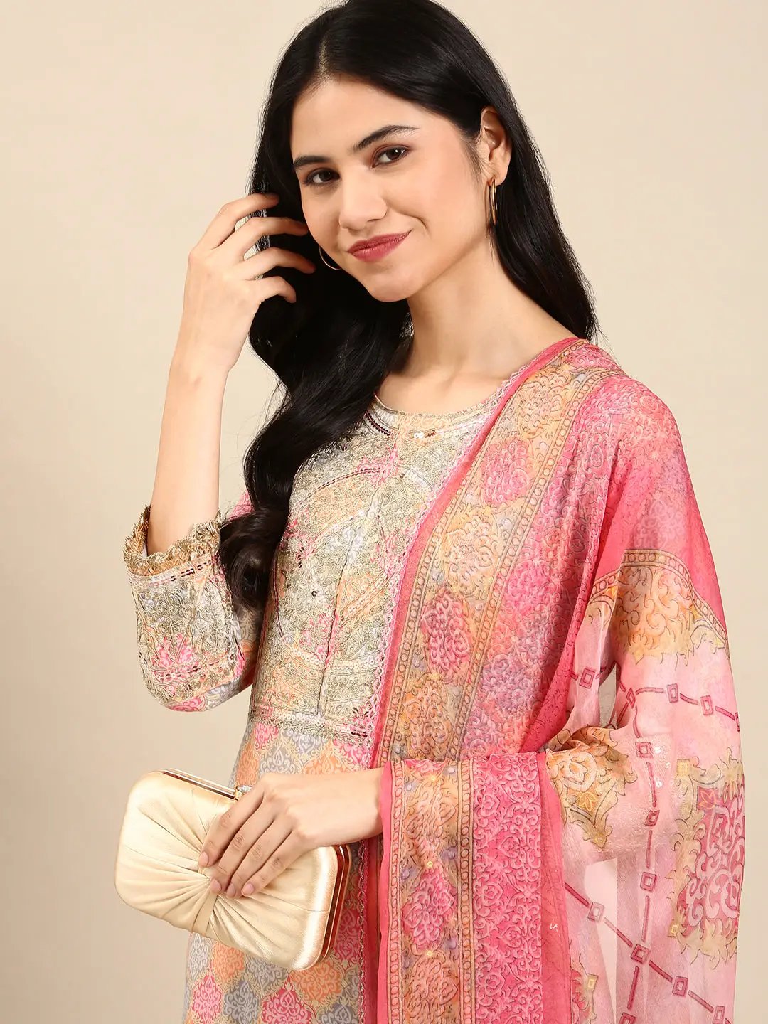 Women's Pink Colourblock Kurta Set