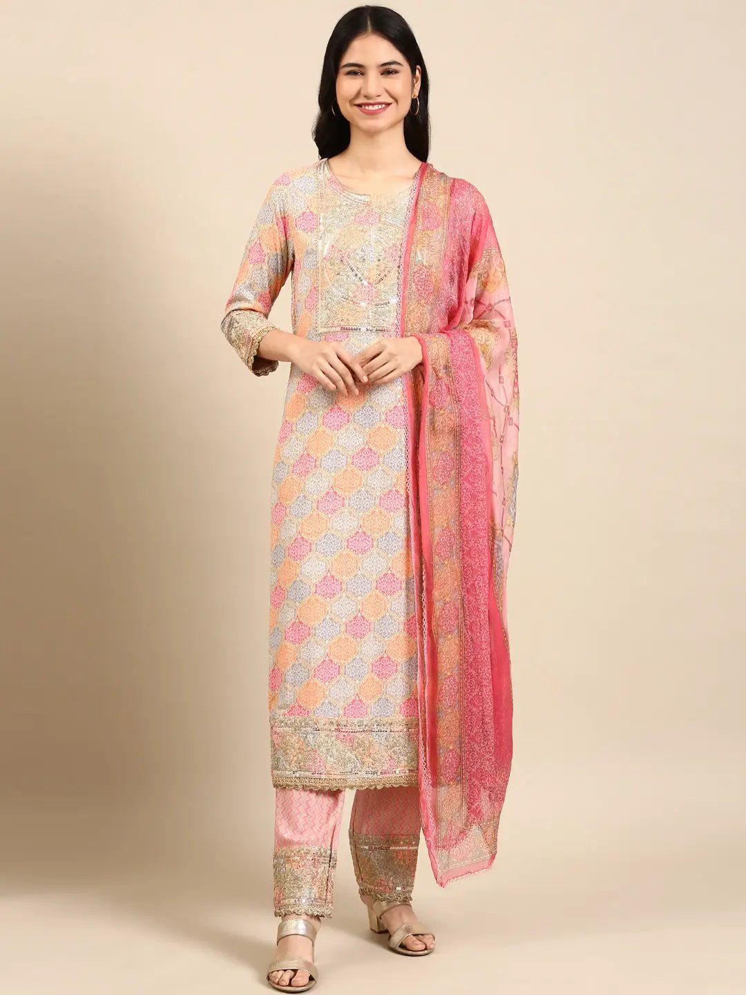 Women's Pink Colourblock Kurta Set