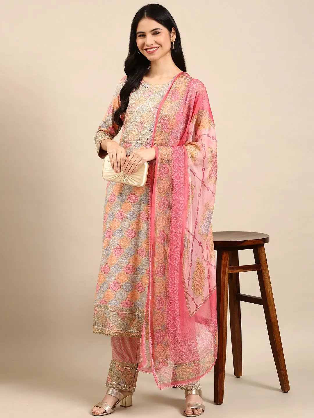 Women's Pink Colourblock Kurta Set