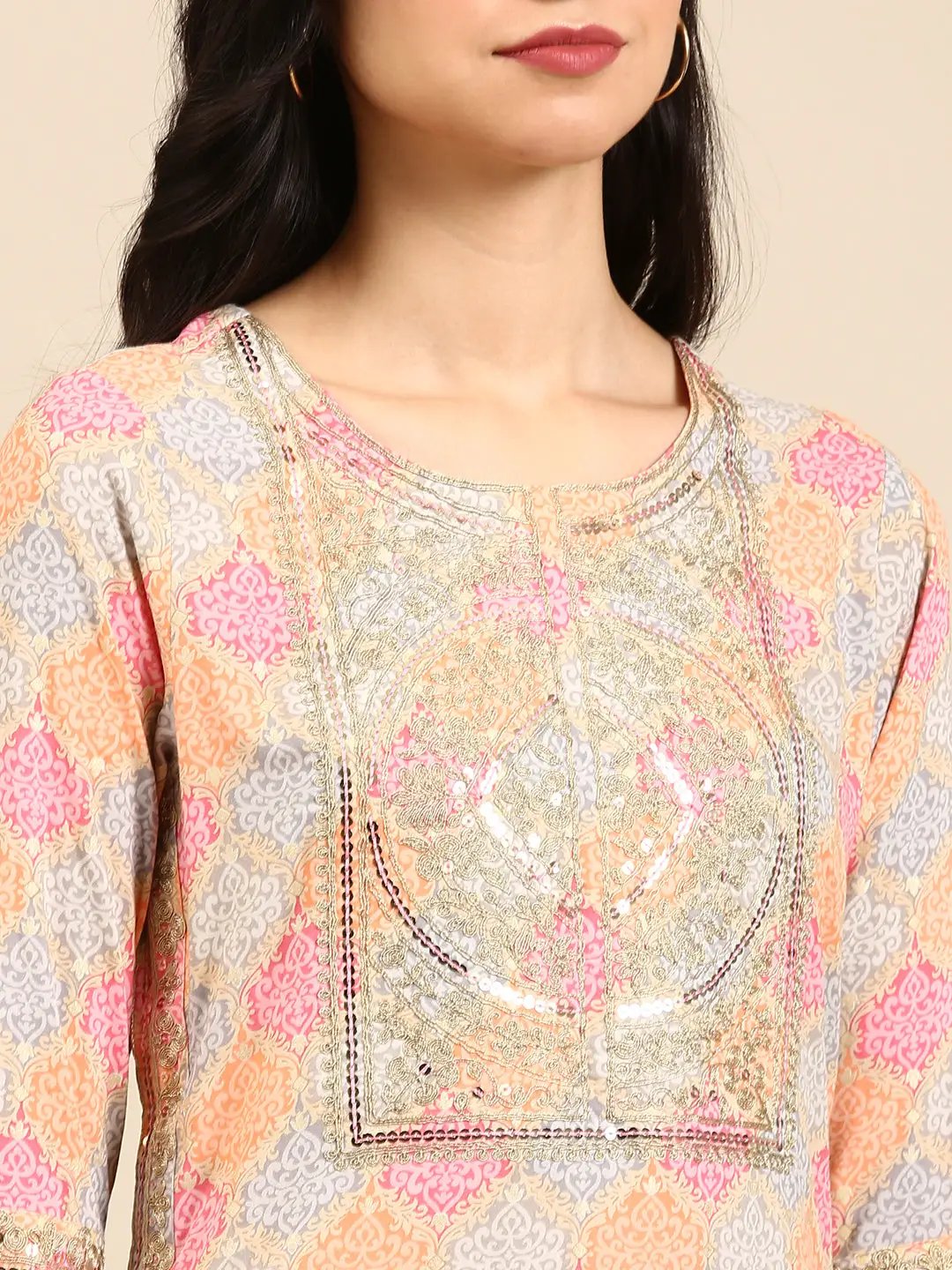 Women's Pink Colourblock Kurta Set