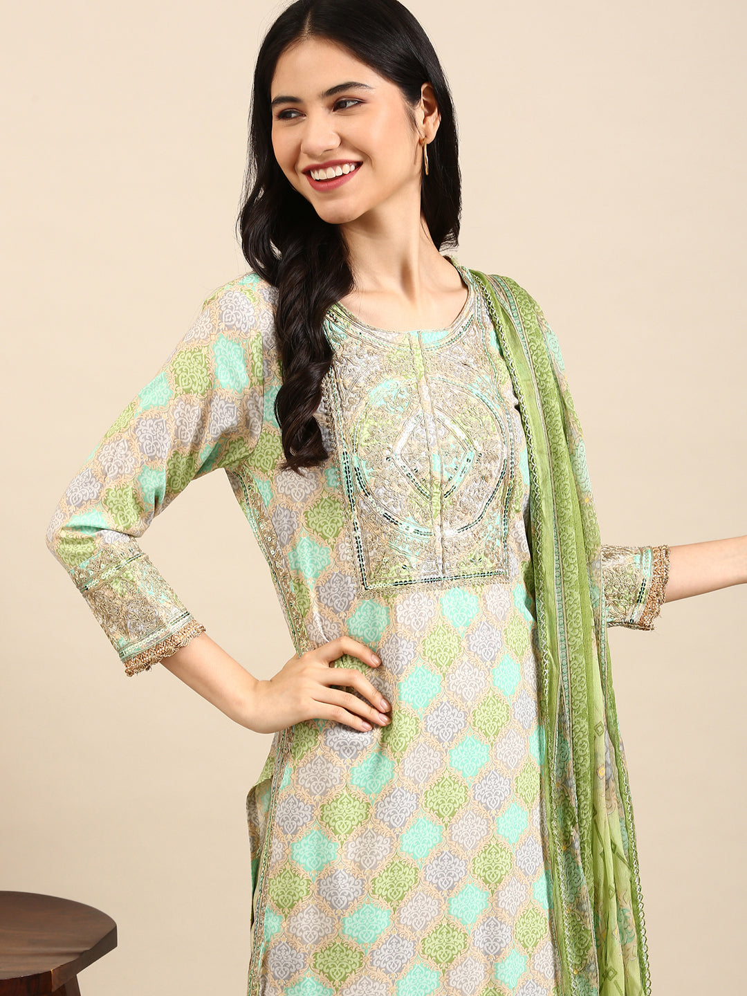 Women's Green Colourblock Kurta Set