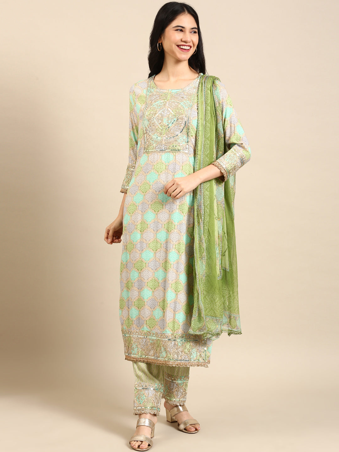 Women's Green Colourblock Kurta Set