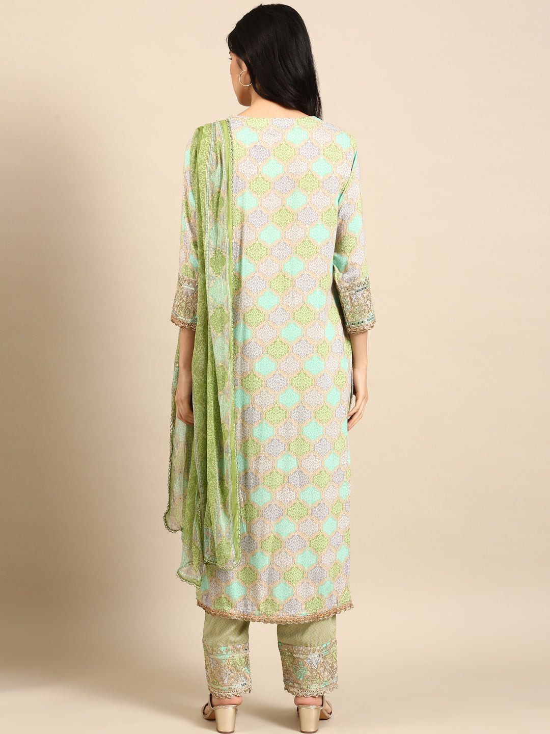 Women's Green Colourblock Kurta Set