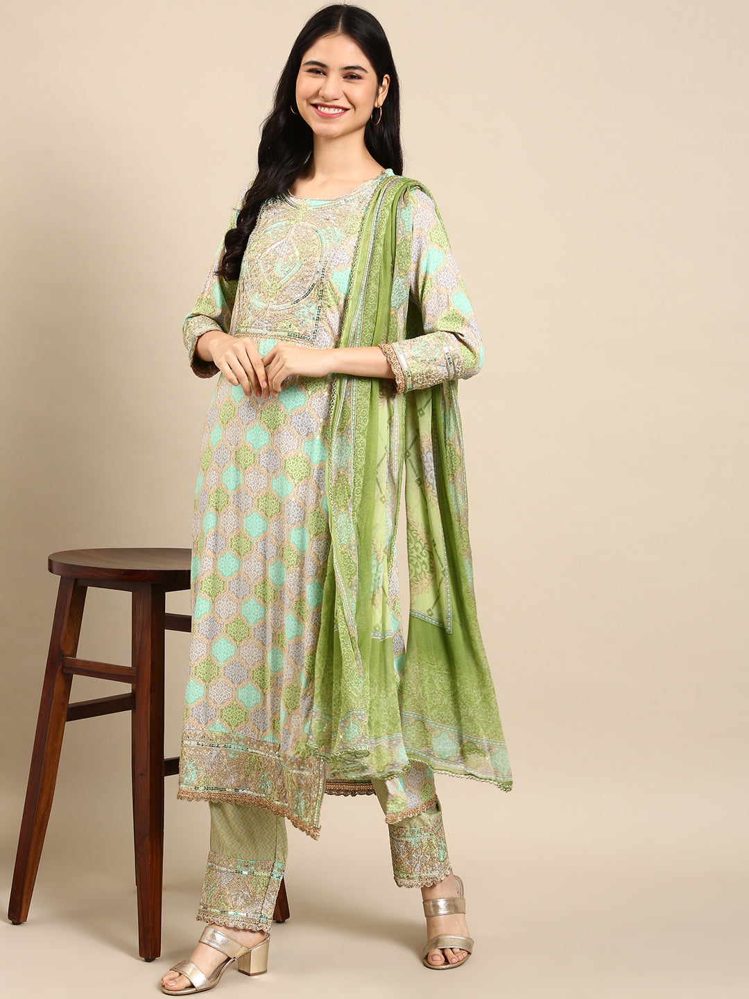 Women's Green Colourblock Kurta Set