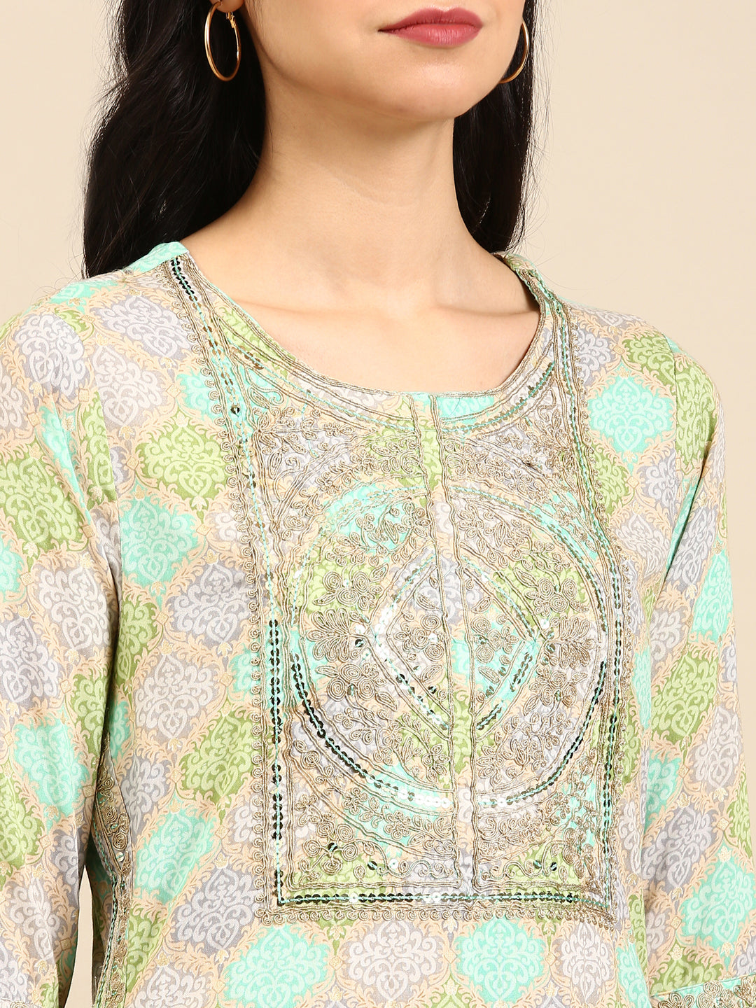 Women's Green Colourblock Kurta Set