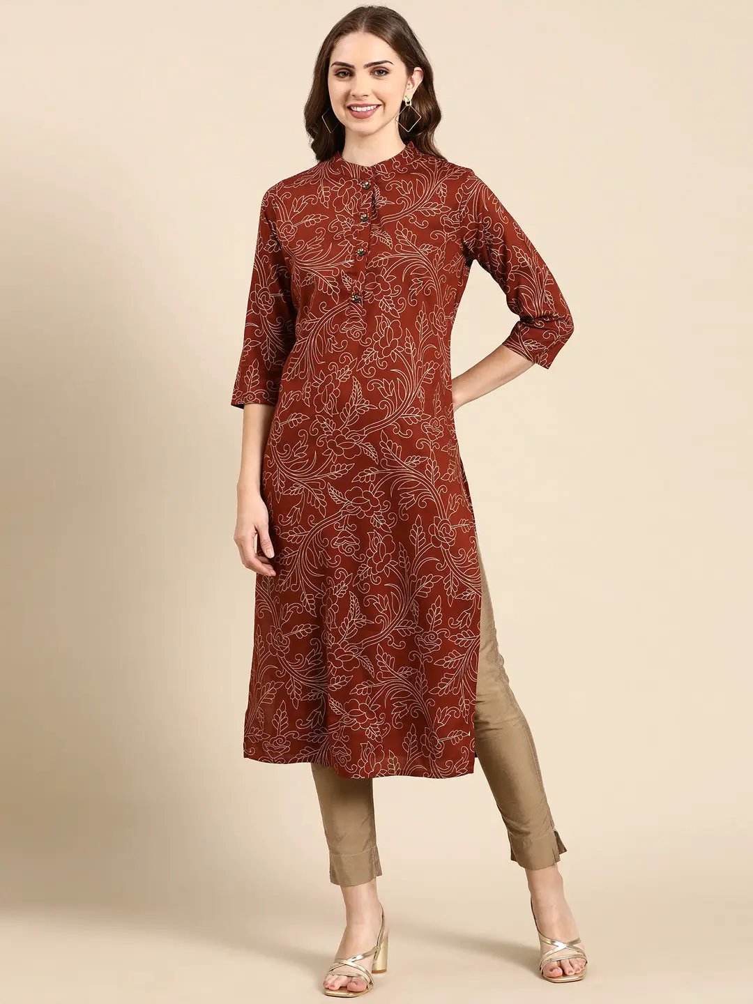 Women's Brown Floral Straight Kurta