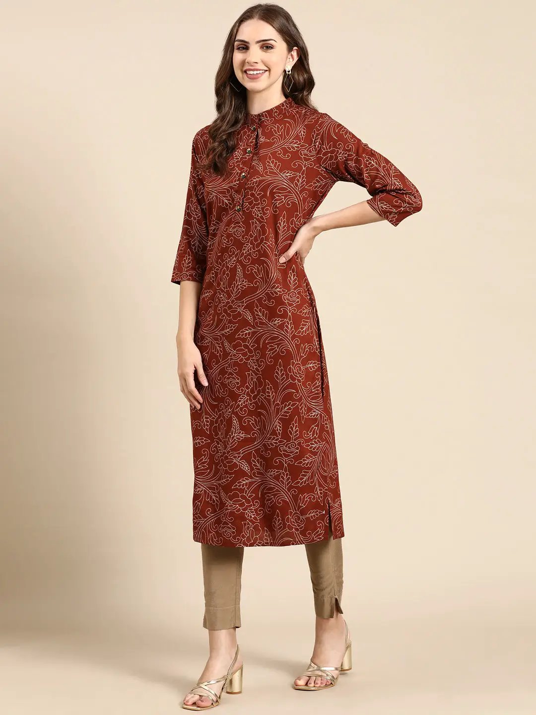 Women's Brown Floral Straight Kurta