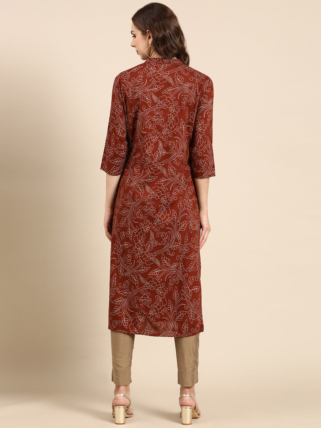 Women's Brown Floral Straight Kurta