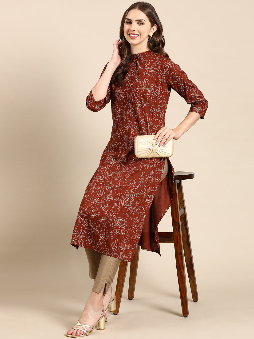 Women's Brown Floral Straight Kurta